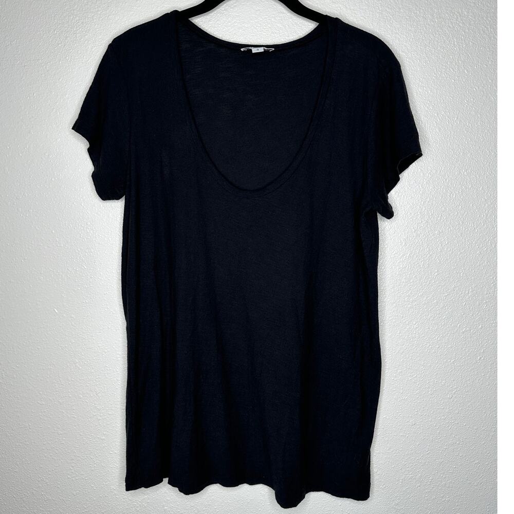 James Perse Black Deep V Round Neck Slub Tee Shirt Cap Sleeve Top 3 / L